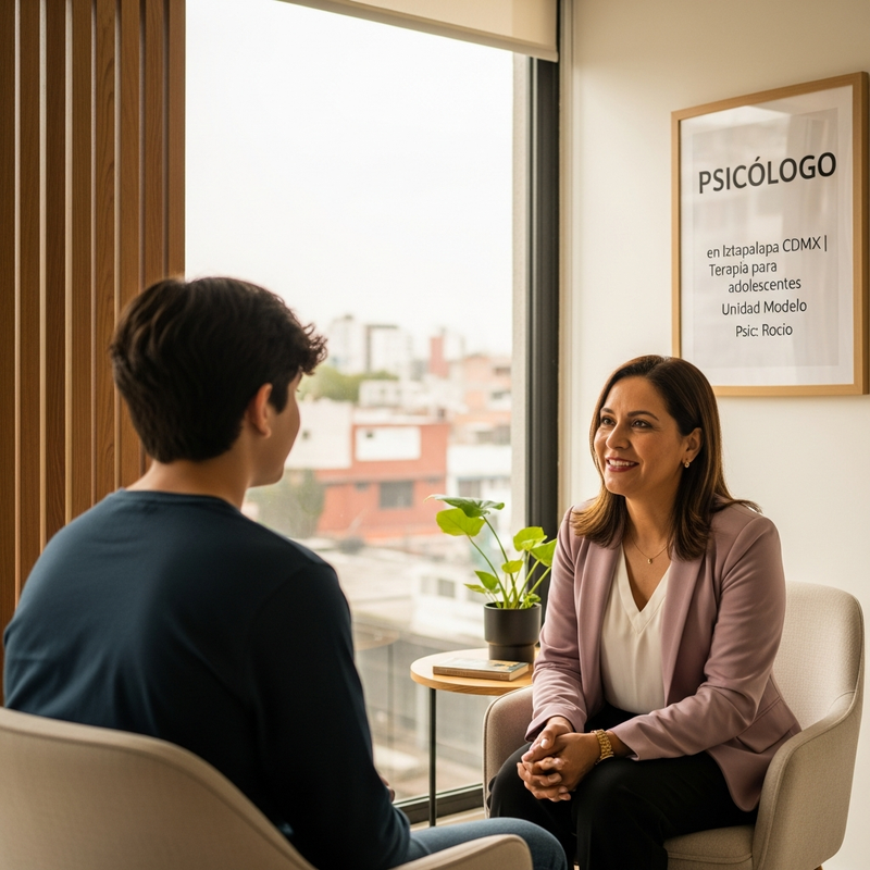 Psicólogo conversando con adolescente en sesión de terapia